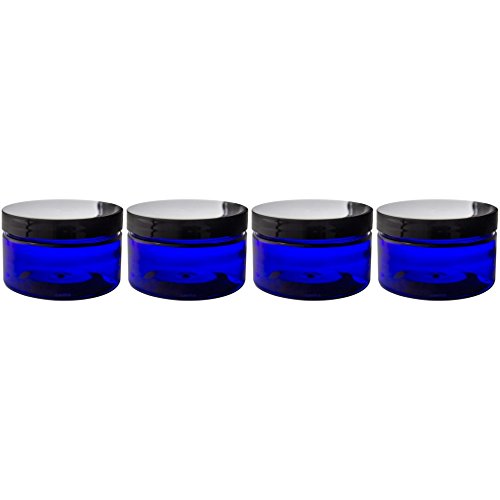 Cobalt Blue 4 oz PET Plastic (BPA Free) Refillable Low Profile Jar (4 pack) + Spatulas