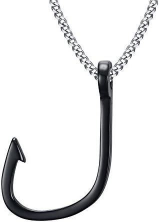 Meixao Stainless Steel Hawaiian Fish Hook Symbol Pendant Necklace with Free Chain (Black)