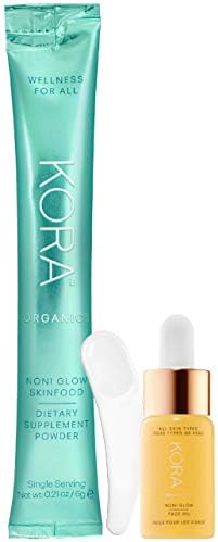 Kora Noni Glow Face Oil & Glow Skinfood Dietary Supplement Powder, 2 Piece Set (Free Facial Spatula Included)