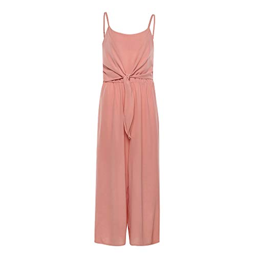 Women's Casual Jumpsuit Romper, Knot Front Spaghetti Strap Sleeveless Wide Leg Long Pant Playsuit Pink