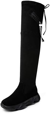 Women Knee High Flat Boots Boots, NDGDA Thick Bottom Stretch Skinny Boots Thigh High Boots Shoes (Black, US:6)