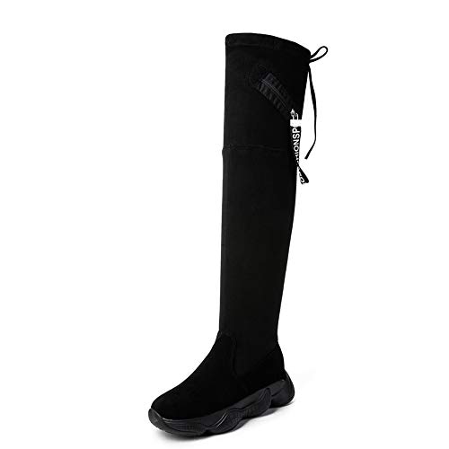 Women Knee High Flat Boots Boots, NDGDA Thick Bottom Stretch Skinny Boots Thigh High Boots Shoes (Black, US:6)