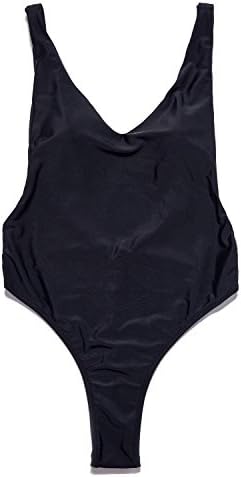 Baijia Women's Solid Color One Piece deep V-Neck Swimsuits High-Cut Sides Bottom, Black, S