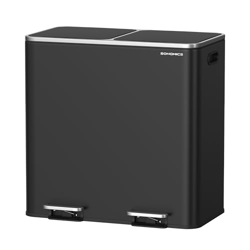 SONGMICS Mülleimer, 2 x 40 Liter, 2 Fächer, Mülltrennsystem, Treteimer, Abfalleimer Küche, 15 Müllsäcke, Metall, Inneneimer aus Kunststoff, Klappdecke