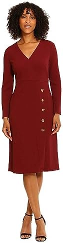 women's london times pleated fit & flare sweater dress London Times Women's Dresses Short Sleeve Crepe Fit and Flare Midi with  Waist Button Detail at Amazon Women's Clothing store