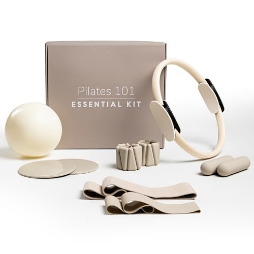 Pilates 101 Essential Pilates Kit & Equipment — Pilates Ring, Mini Ball, Resistance Bands, Hand Weights, Adjustable Ankle & Wrist Weights, Gliding Discs | 7-Piece Studio-Quality Set for Home & Studio