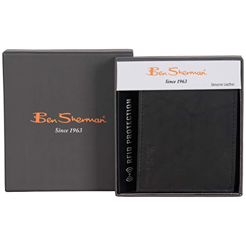 Ben-Sherman-Mens-Slimfold-Genuine-Full-Grain-Leather-Anti-Theft-RFID-Security-Wallet-With-ID-Window-Marble-Crunch-Black-Leather-Bi-Fold-Wallet