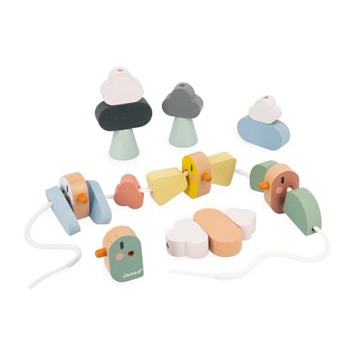 Janod - Sweet Cocoon Thread Beads - 21 Birds, Wings and Clouds - Develops Fine Motor Skills - FSC Wooden Toy - Learning Game - From 24 Months, J04050