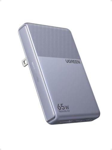 UGREEN Air 65W 3Port USB C Charger Block, 2C1A, for iPhone, Galaxy, MacBook | 65W Ultra Slim Fast Charger, 2 USB C+1 USB-A, 90° Foldable Plug, Supports PD/PPS, for Commuting and Travel, Grey
