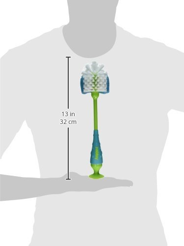 Nuby 2-in-1 Baby Bottle Brush with Stand - Soft Nylon Bristles - Dishwasher Safe - Bottle and Nipple Cleaning Tool - Aqua/White