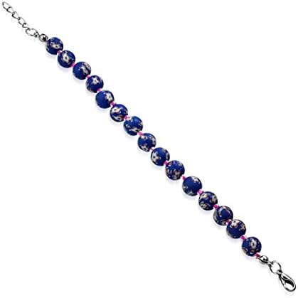 Fashion Alloy Fimo/ Polymer Clay Pink Flower Navy Blue Circle Bead Link Bracelet Length: 8"