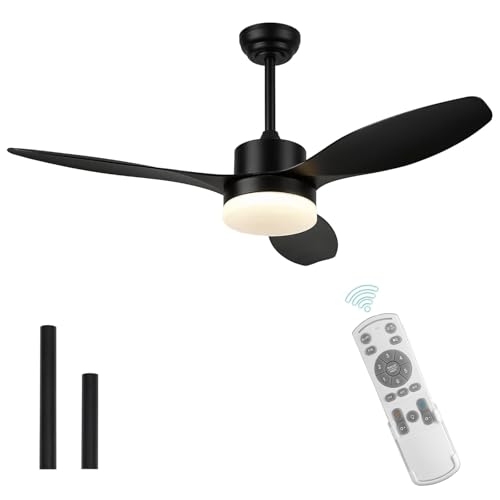 Ventilador de techo moderno de 42" con luz LED, 3 aspas ABS negras, control remoto, 5 velocidades, luz regulable, interiores y exteriores