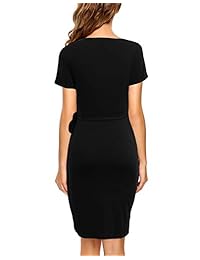 Lyrur vestido de manga corta para mujer, cuello en V, casual, largo hasta la rodilla, color negro