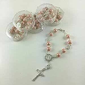 YRP gifts 12 Baptism Favors Light Pink Silver Plated / Recuerdos De Bautizo/ Rear View Mirror Charms/ Bracelets/Wedding Favors/ Mini Rosary