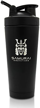 Samurai Innovations Shaker Bottle 24oz- Insulated Shaker Bottle- Double Wall- Vacuum Insulated- Protein Powder Mix Water Bottle for Gym- Stainless Steel Shaker for Training- Odor Resistant