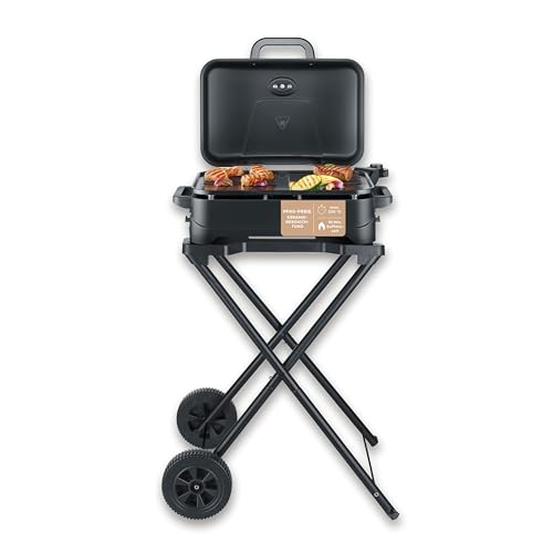 Stand- und Tischgrill, Elektro-Grill für Balkon, 2300W, 10 Min. Aufheizzeit, Keramik-Beschichtung, max. 230°C, mit Deckel, Standgestell, Thermometer, 45x30cm Grillfläche, matt-schwarz, PG 8598