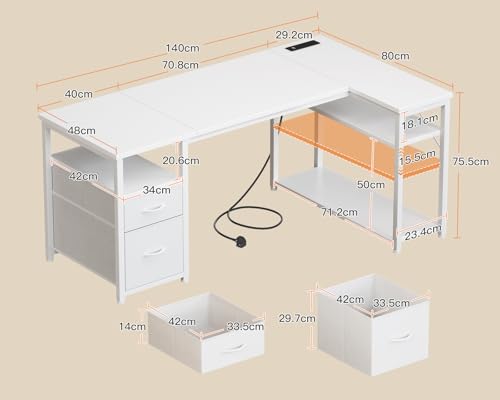Coleshome Computer Desk with Drawers, 140×80 cm Corner Office Desk with Built-in Power Outlet, Reversible L Shaped Desk with Storage Shelves for Home Office, White