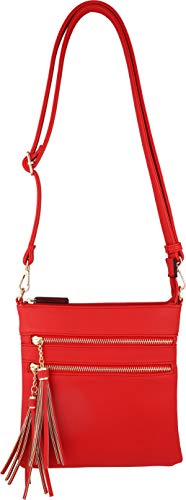 Vegan Mini Multi-Zipper Crossbody Handbag Purse with Tassel Accents with RFID Protection (Poppy Red RF)