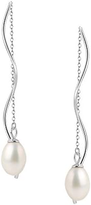 Threader Earrings, Fine Jewelry 925 Sterling Silver Exquisite Cultured Freshwater Pearl Long Tassel Dangle Drop Earrings Hanging Earrings Fashion Chain Earrings for Women Gifts Hypoallergenic
