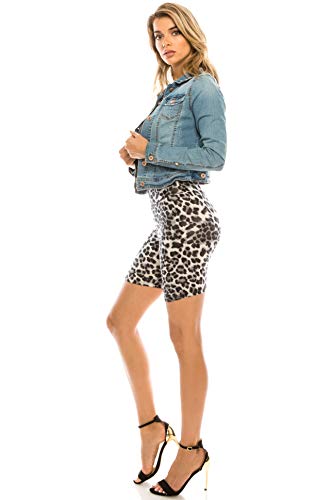 CNC STYLE B003 Women's Knee Length Stretch High Waist Leopard Print Active Bike Yoga Short Leggings, Medium