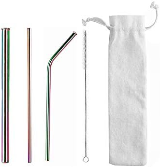 Stainless Steel Metal Straws, Reusable Comfortable Rounded tip Drinking Straws, Anti-Scratch Stainless Steel Straw Set of 4, 3 Styles-Rainbow