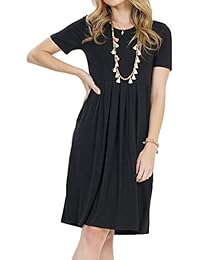 PAPOSON Vestido de verano para mujer, manga corta, con bolsillo en la cintura, plisado, casual, suelto, cuello redondo