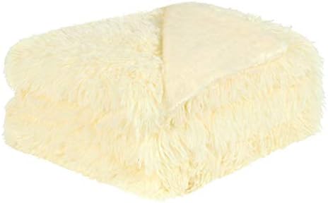 uxcell Solid Faux Fur Throw Blanket 50" x 60" - Decorative Fuzzy Long Shaggy Blankets Lightweight Long Fur Microfiber Fleece Blanket for Couch and Sofa - Keep Warmth for Years,Pale Yellow