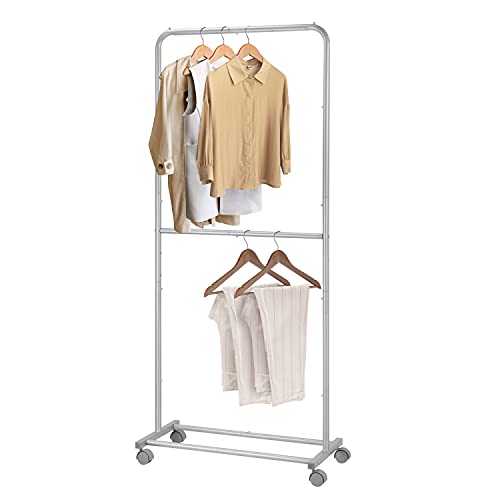 Simple Trending Double Rod Clothing Garment Rack, Rolling Clothes