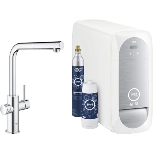 GROHE Blue Home - Starter Kit (L- Auslauf, 3 gefilterte und gekuehlte Wasserarten, mit herausziehbarem Mousseur, Schwenkbereich 360°), chrom, 31539000