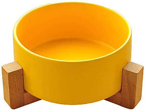 850ML Bamboo Ceramic Dog Cat Bowl Raised Ground Lift Non Slip Base with 4 Pads (SINGLE 15.5 CM, YELLOW)