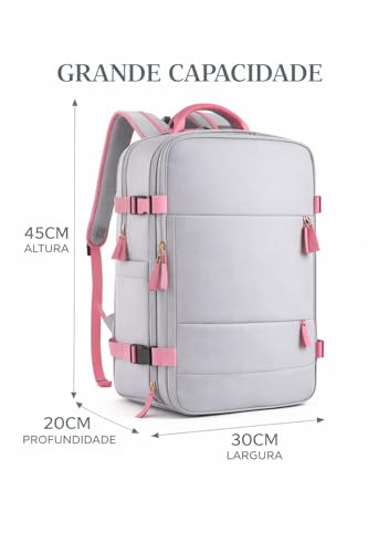 Mochila Viagem Avião Bagagem de mão Viral Impermeável Low Cost Bolsos Isolados P/Sapatos, Notebook, Molhados - Bordo, Cabine, Usb - Cor: Cinza Zíper Rosa