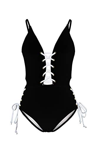 Almaree Woman's Plunge Spaghetti Strap Crisscross Lace Up Swimsuit Monokini Black S - Thumbnail 4
