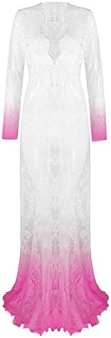 Yomoko Sexy Deep V-Neck Long Sleeve Lace Beach Dress See-through Maxi Dress (Medium, Dip Dyeing Pink1)