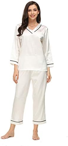 Womens Classic Silky Satin Pajamas Set Loungewear Long Sleeve with Collar Pockets