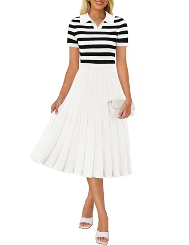 Photo 1 of ZESICA Women's Striped Midi Dress Casual V Neck Short Sleeve Ribbed Knit Elastic High Waist Pleated Swing Dresses,White,Small