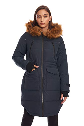 Alpine North Womens Vegan Down Drawstring Winter Parka, Navy, S