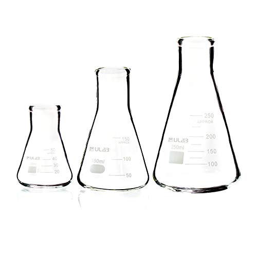 ULAB Scientific Narrow-Mouth Glass Erlenmeyer Flask Set, 3 Sizes 50ml 150ml 250ml, 3.3 Boro with Printed Graduation, UEF1001