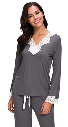 Jusfitsu Womens Cotton Pajamas Set Long Sleeve Top Shirt with Pants Sleepwear Modal Soft Loungewear Lace Grey M