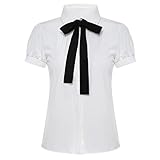 XWDA Women's Chiffon Peter Pan Collar Short Long Sleeve Bowknot Button Shirt Blouse