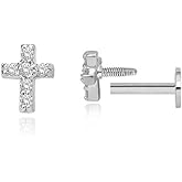 16g Tiny Cross Hypoallergenic 925 Sterling Silver Stud Earrings for Women With Flat Screw Back Small Cubic Zirconia Cartilage Pierced Earrings for Tragus Helix Conch Cartilage Jewelry Gifts