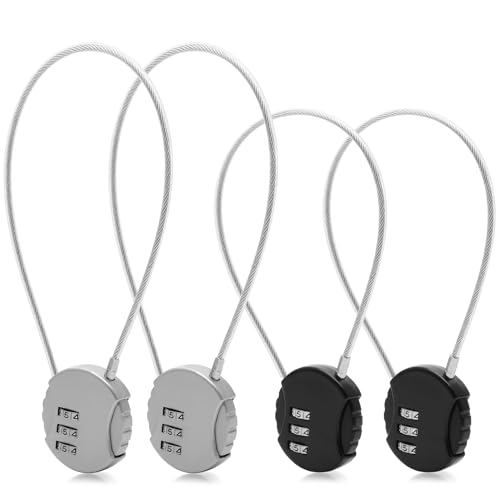 4 Pieces Steel Cable Lock with Combination, 3 Digit Combination Padlocks, Long Rope Padlock, Small Suitcase Padlocks for Aircraft (2 Sizes)