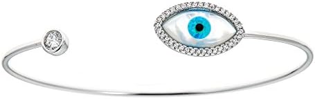Joy and RachelPlatinum Plated 925 Sterling Silver Mother of Pearl Evil Eye Halo CZ Bezel Open Cuff Bracelet