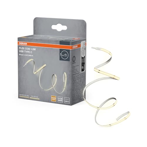 FLEX COB Rubans COB décoratifs avec lumière blanche chaude et port USB type C, blanc chaud 830, non gradable, jaune, silicone, 1,5 m, ampoule non interchangeable