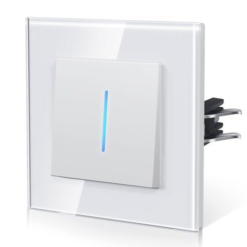 BSEED Glass Light Switch, Flush-Mounted Switch with Claws, Toggle Switch with Backlight, Easy to Install, E-series, 1-Gang 1-Way, 86 mm, White