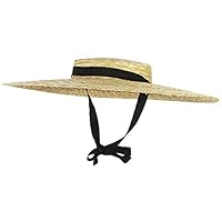 Jelord Women Vintage Wide Brim Boater Straw Hat Flat Top Floppy Derby Sun Hat Beach Straw Hats/Brim:18cm Beige