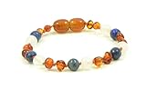 Baltic Amber Teething Bracelet/Anklet Mixed with Semi Precious Stones - Hand-Made from Certified Natural Baltic Amber Beads (4.7 inches (12 cm), Cognac/White Agate/Lapis Lazuli)