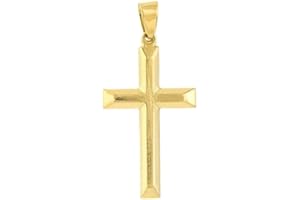 JEWELHEART 14K Real Gold Cross Pendant For Men - Classic Beveled Edge Cross Pendant Charm - Religious 14K White Gold Yellow Gold Jewelry For Women