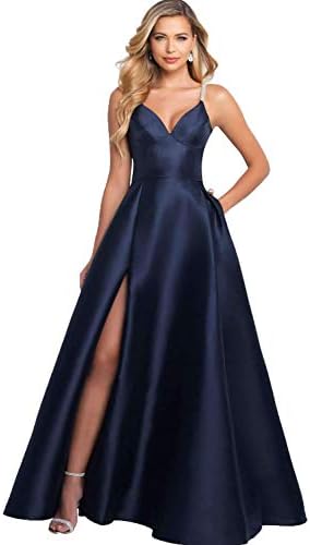 YGSY Women's Deep V Neck Spaghetti Straps Beaded Slit Satin A-line Evening Prom Dress Long Formal Party Gown with Pockets