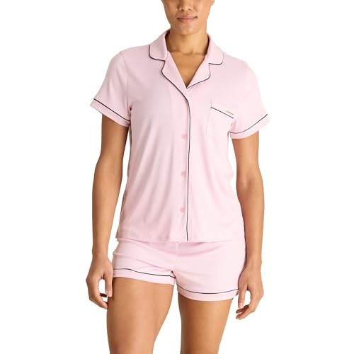 BCBGMAXAZRIA Women’s Ribbed Pajama Set Sleeve Notch Collar with Shorts, Lilac