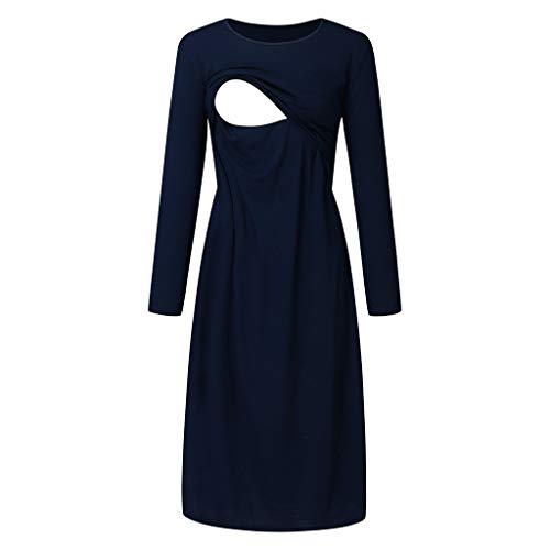 Maternity Nursing Dress,Crytech Solid Color Long Sleeve Double Layer Knee Length Midi Dress for Breastfeeding Pregnancy Loose Casual Sleepwear Nightgown Casual Clothes (Medium, Navy)